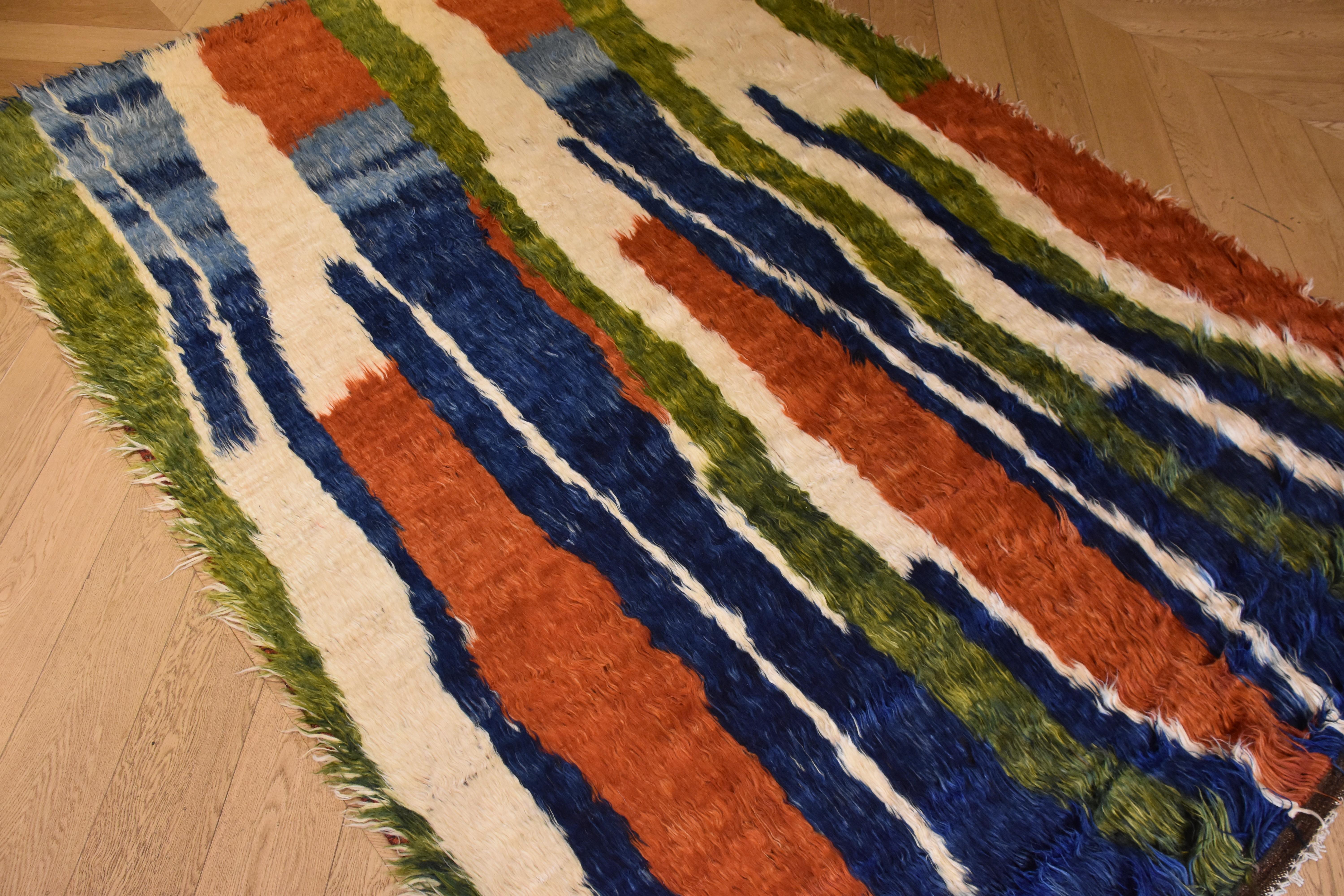 Tribal 21st Century Green Blue Red and White Nomadic Afghan Rug, circa 2010s