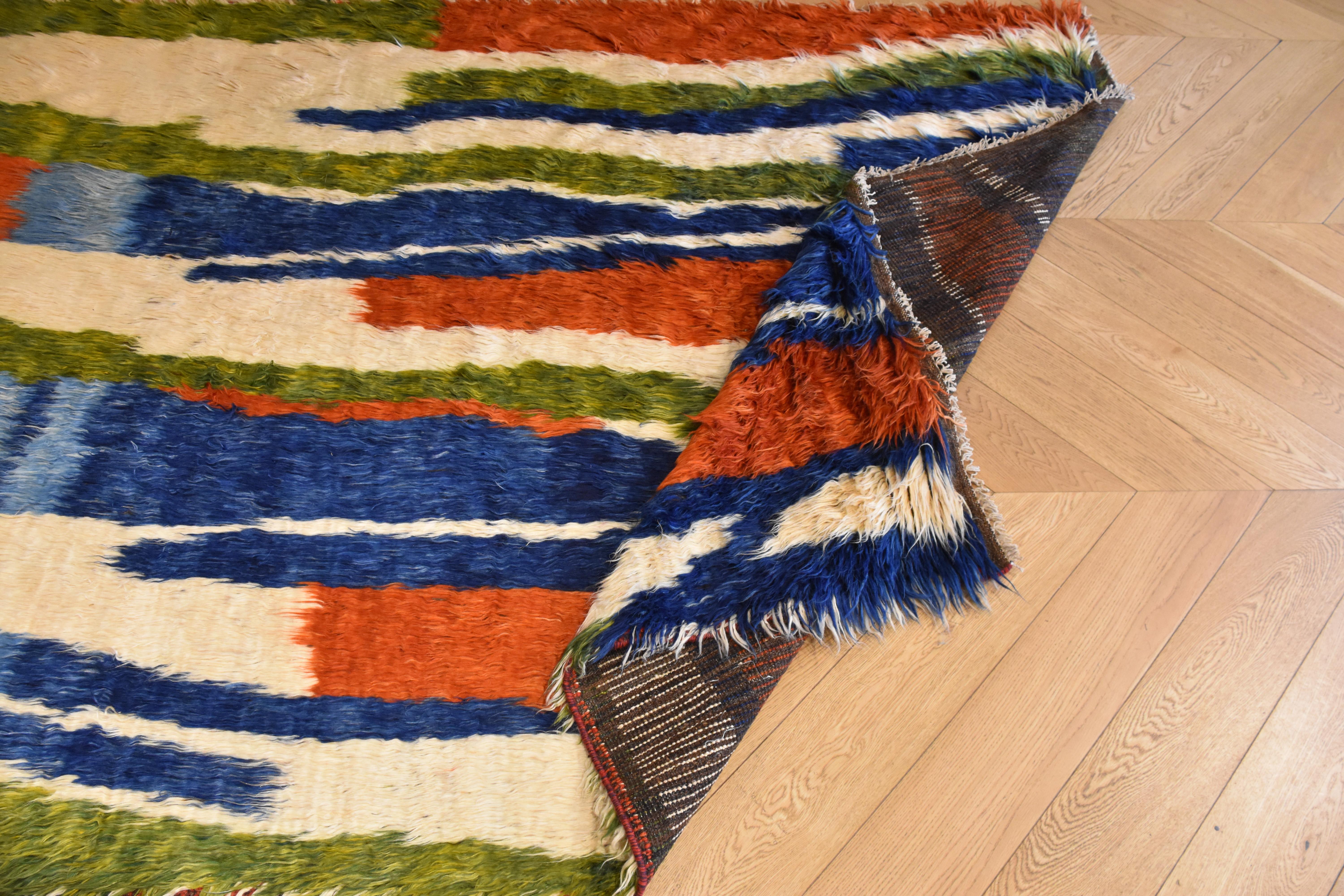 Hand-Knotted 21st Century Green Blue Red and White Nomadic Afghan Rug, circa 2010s