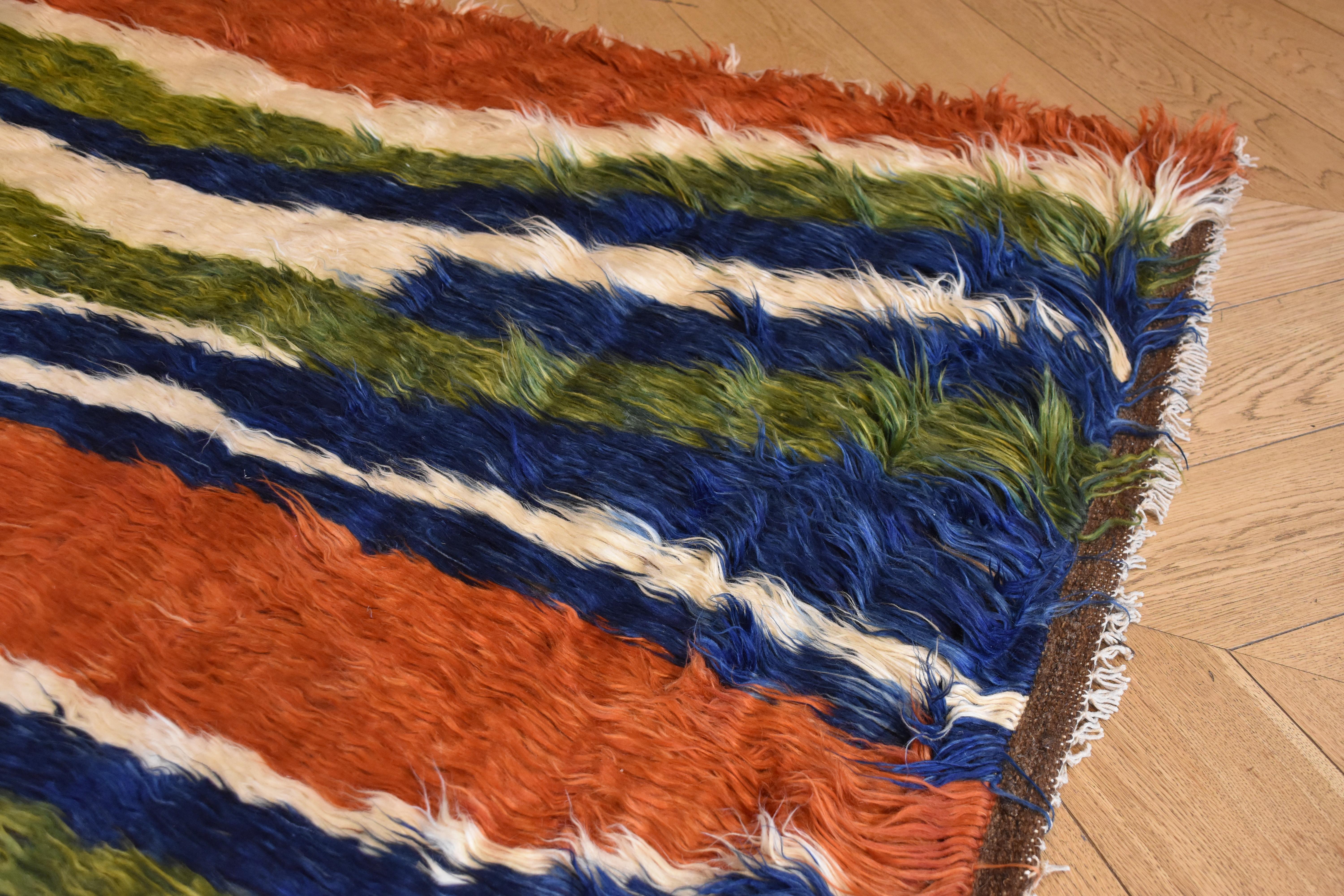 Wool 21st Century Green Blue Red and White Nomadic Afghan Rug, circa 2010s