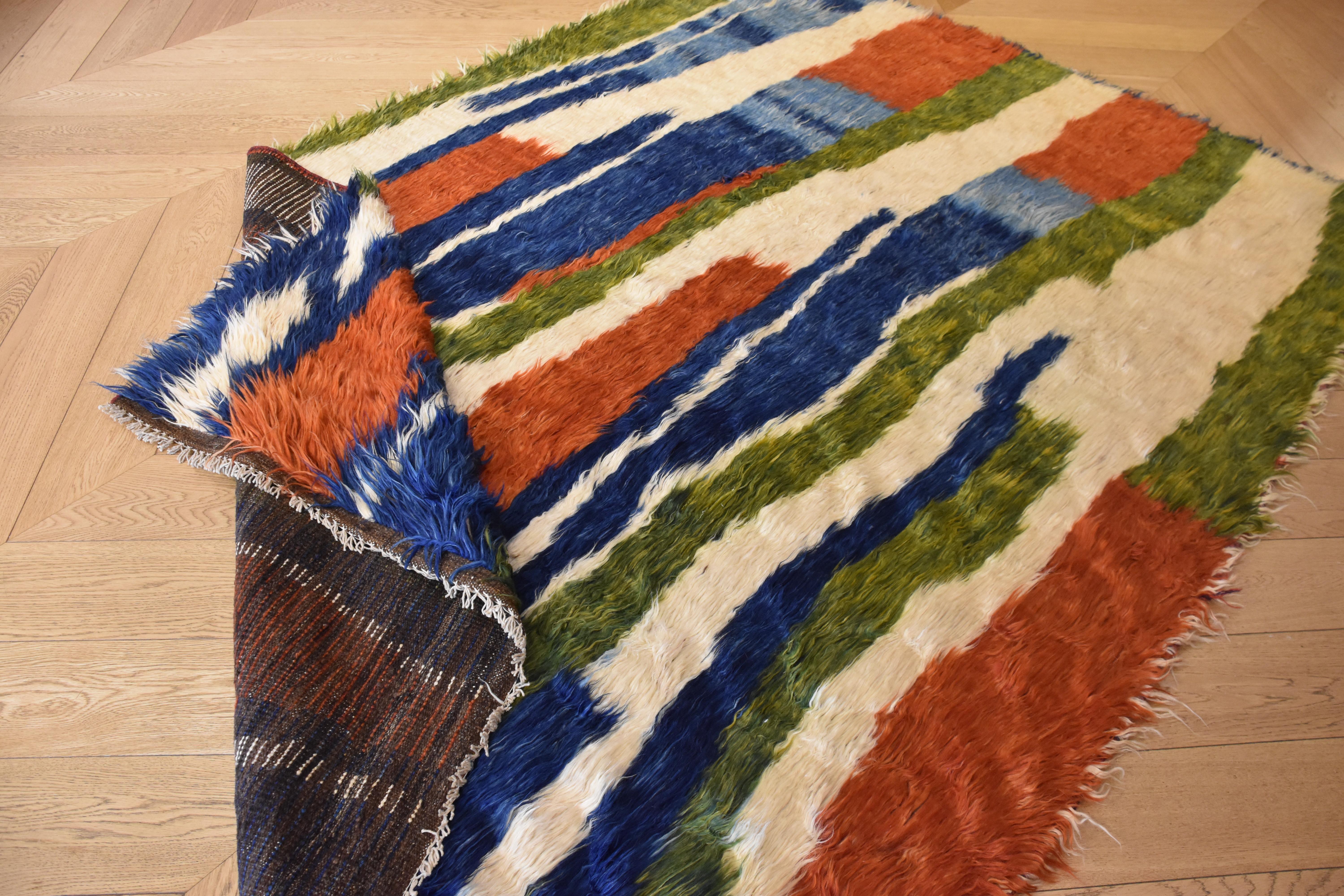 21st Century Green Blue Red and White Nomadic Afghan Rug, circa 2010s 1