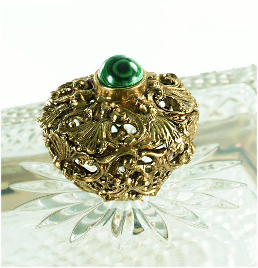 Clear crystal box with cut engravings embellished with brass detail made with the artisan lost wax technique with patinated gold finish and the semiprecious stones (Malachite). The crystal is hand-cut by artisan. Each object is handcrafted and the