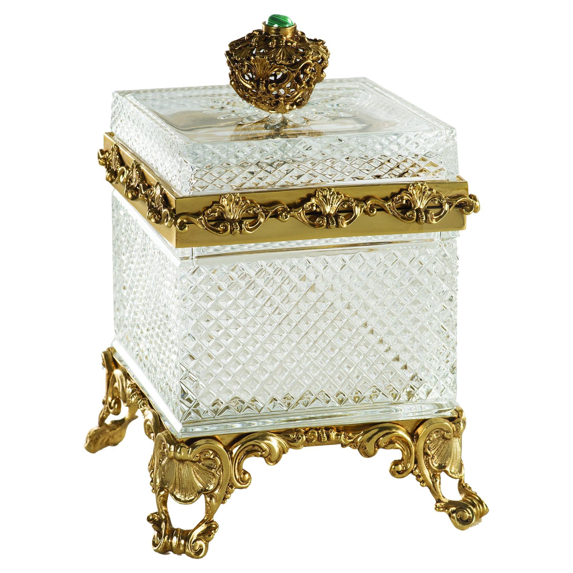 21st Century, Hand-Carved Clear Crystal and Bronze Box in Style of Luigi XVI For Sale
