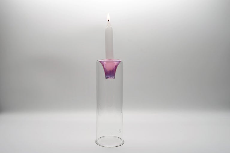 Other 21th Century Hand-Crafted Glass Candlesticks, Pink Color, Kanz Architetti For Sale