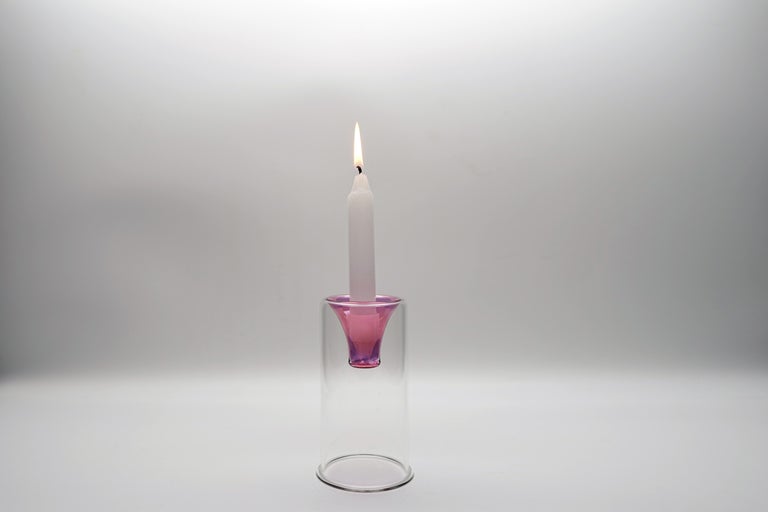 Italian 21th Century Hand-Crafted Glass Candlesticks, Pink Color, Kanz Architetti For Sale