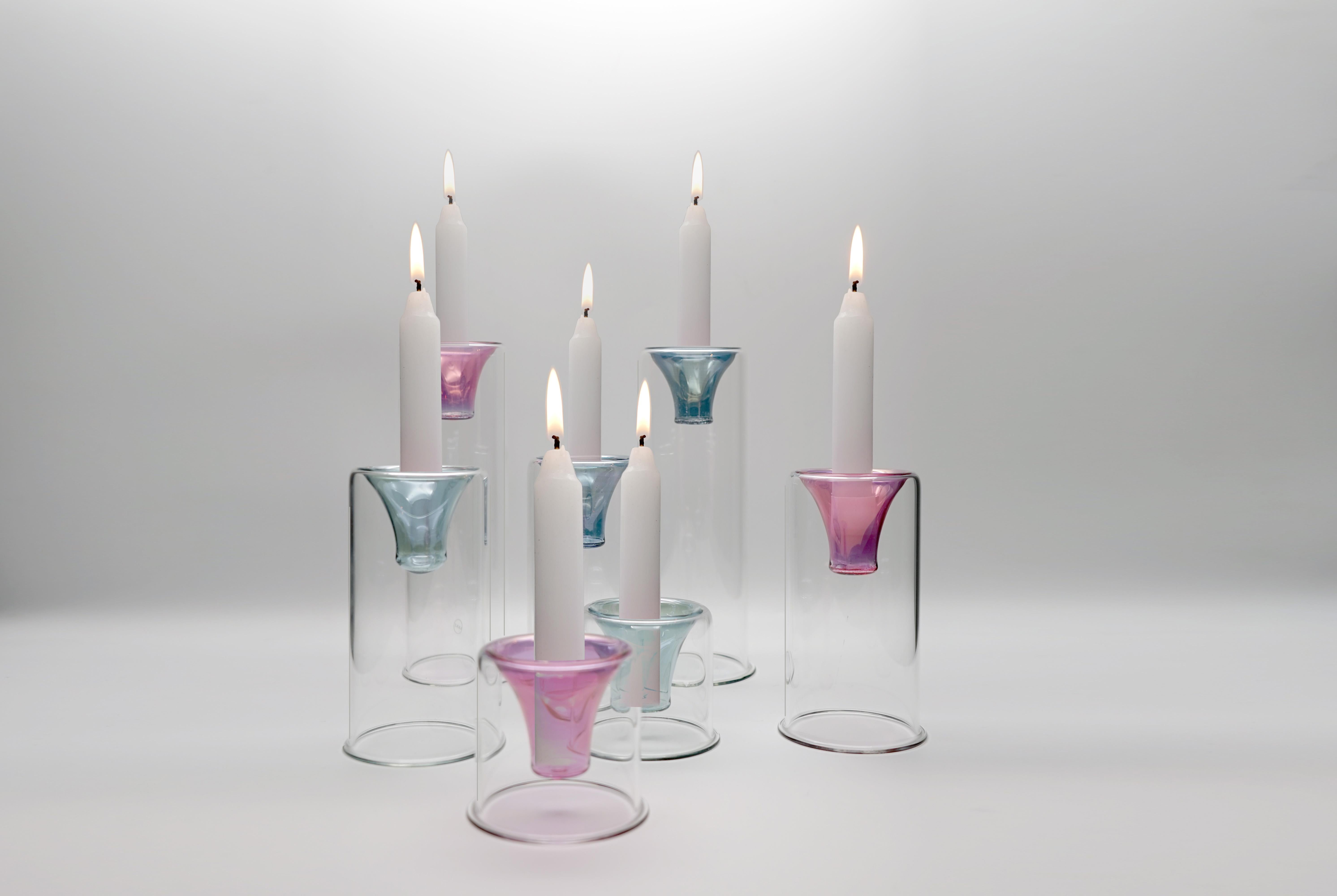 Other 21st Century Hand-Crafted Glass Candlesticks, Pink Color, Kanz Architetti For Sale