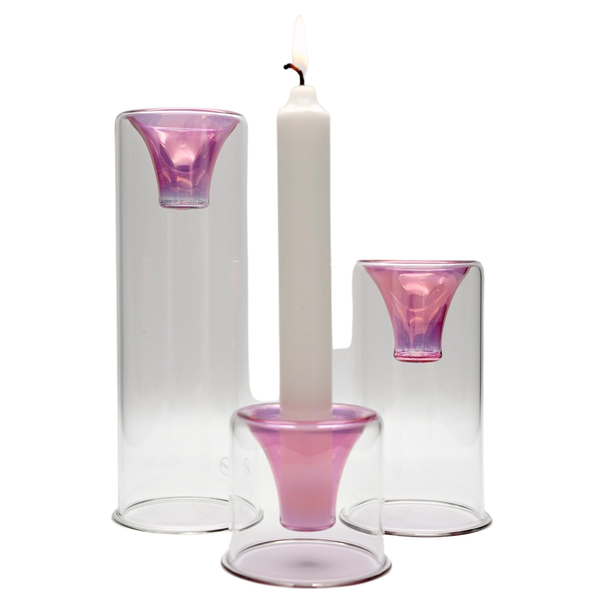 21st Century Hand-Crafted Glass Candlesticks, Pink Color, Kanz Architetti