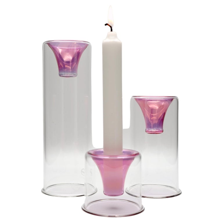 21th Century Hand-Crafted Glass Candlesticks, Pink Color, Kanz Architetti For Sale