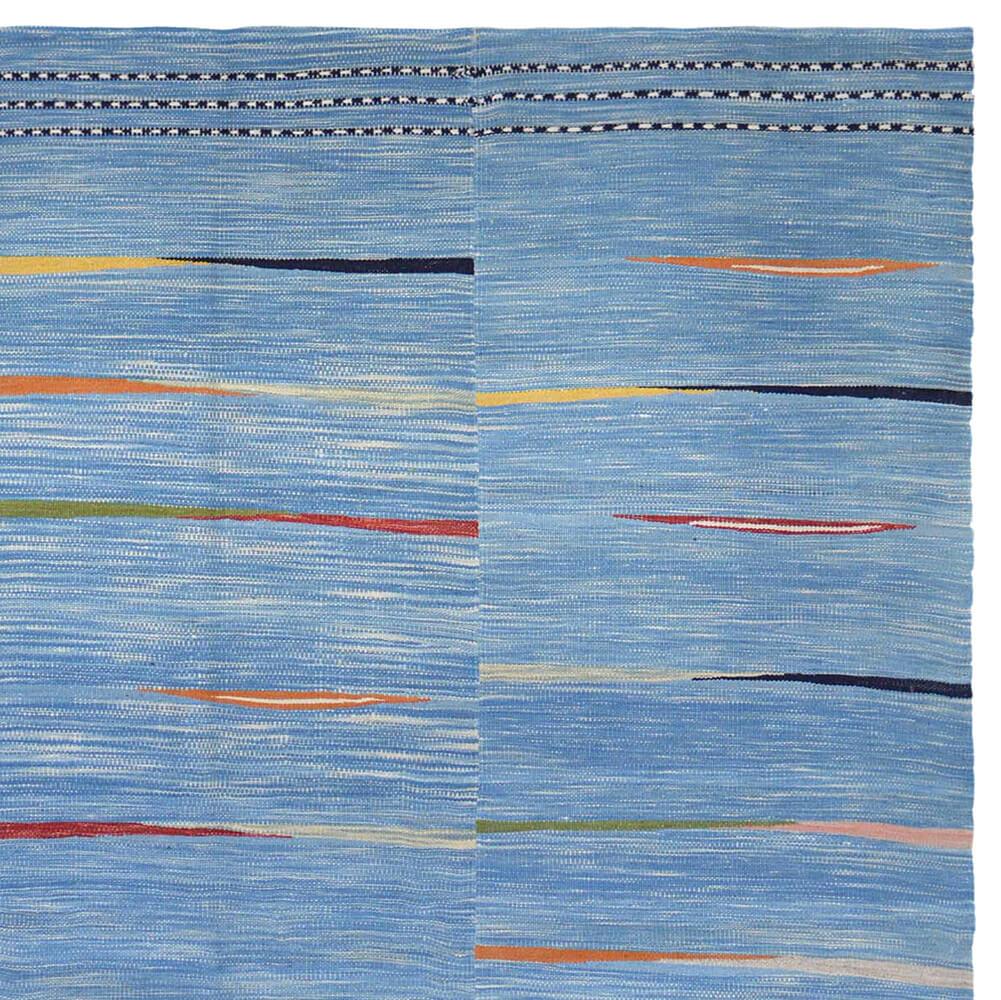 21st century handwoven modern Persian Kilim carpet blue multicolored.

This kilim was made in Persia and convinces with the alternation of blue and white tones in the background, which is interspersed with fine colorful lines. Made of 3 panels put