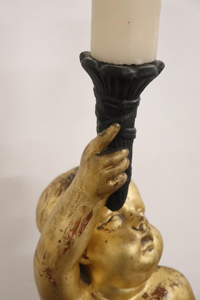 Composition 21th Century Italian Gilded Cherub Candle Holder  For Sale