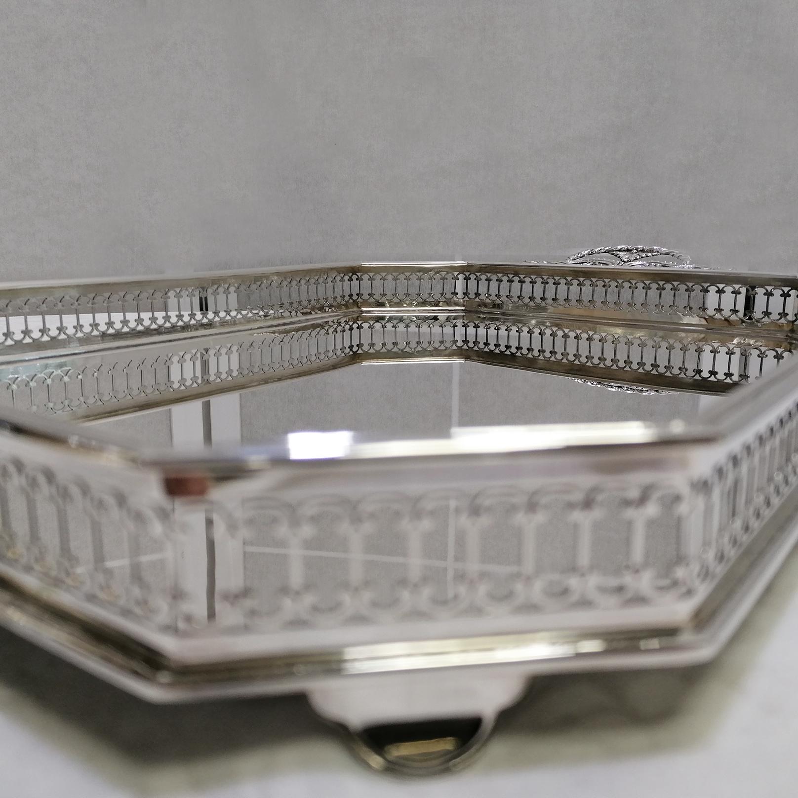 21th Century Italian Sterlig Silver Gallery Tray on Feet For Sale 3