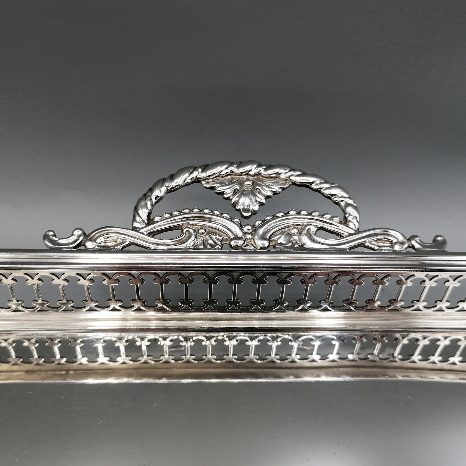 Hand-Crafted 21th Century Italian Sterlig Silver Gallery Tray on Feet For Sale