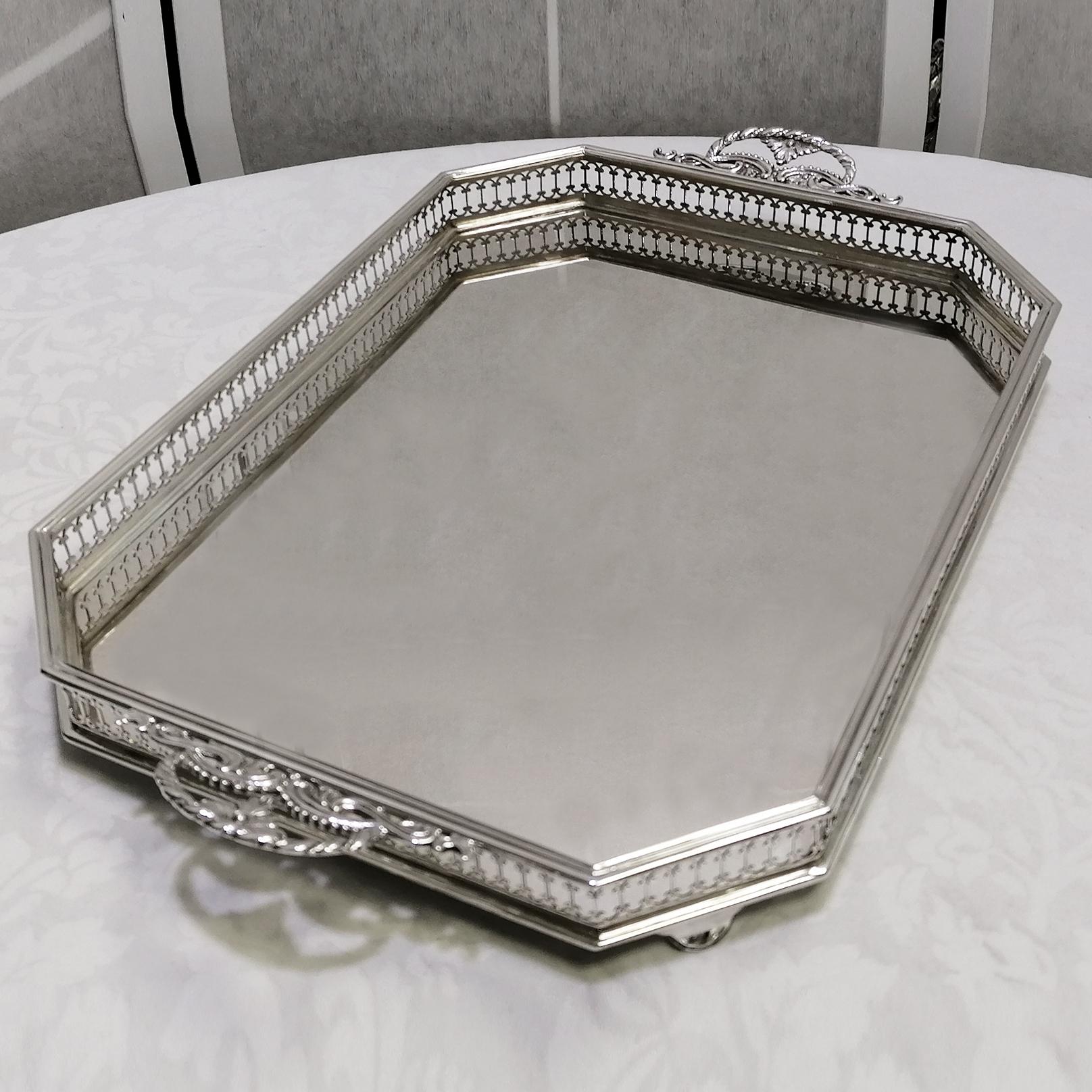 21th Century Italian Sterlig Silver Gallery Tray on Feet For Sale 1