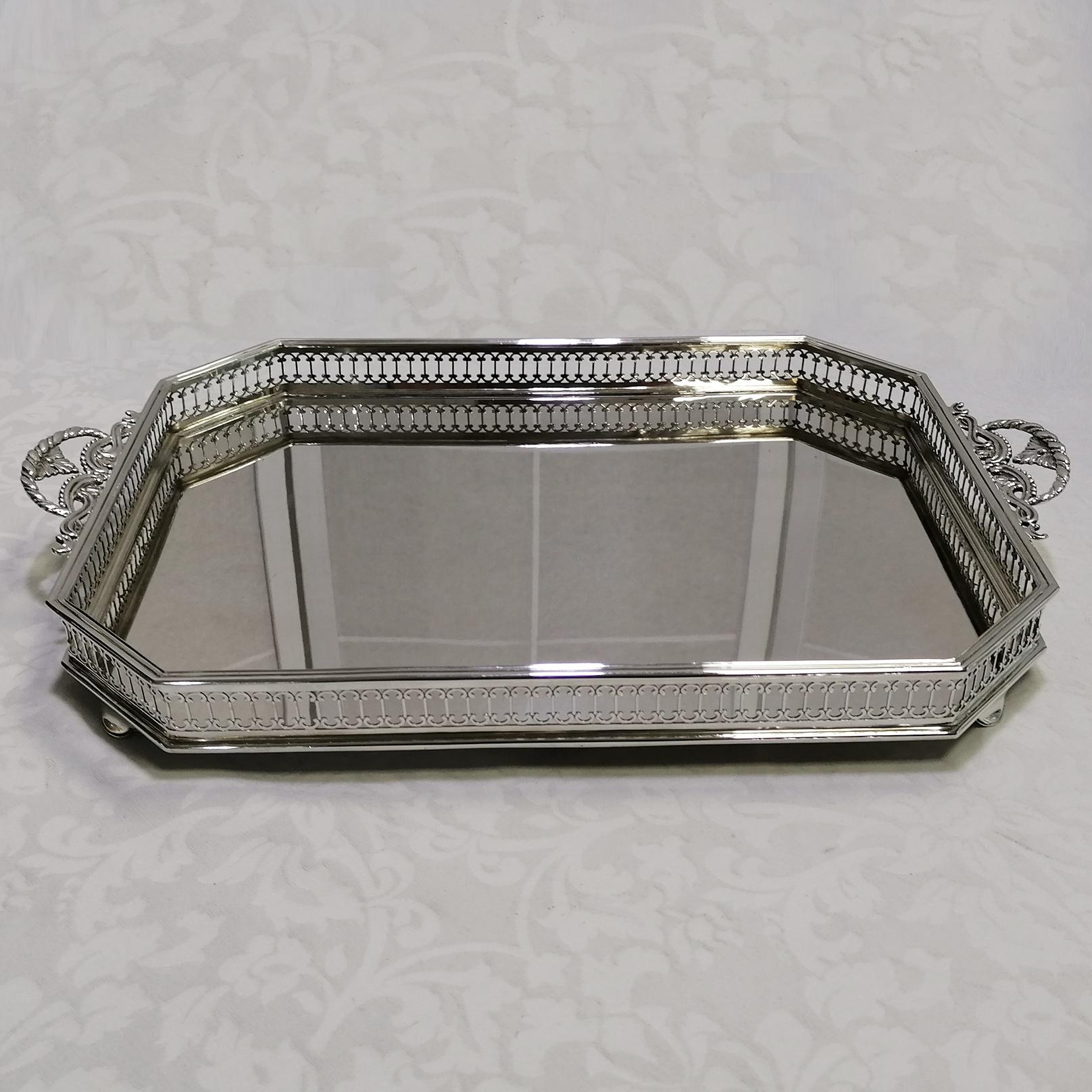 21th Century Italian Sterlig Silver Gallery Tray on Feet For Sale 2