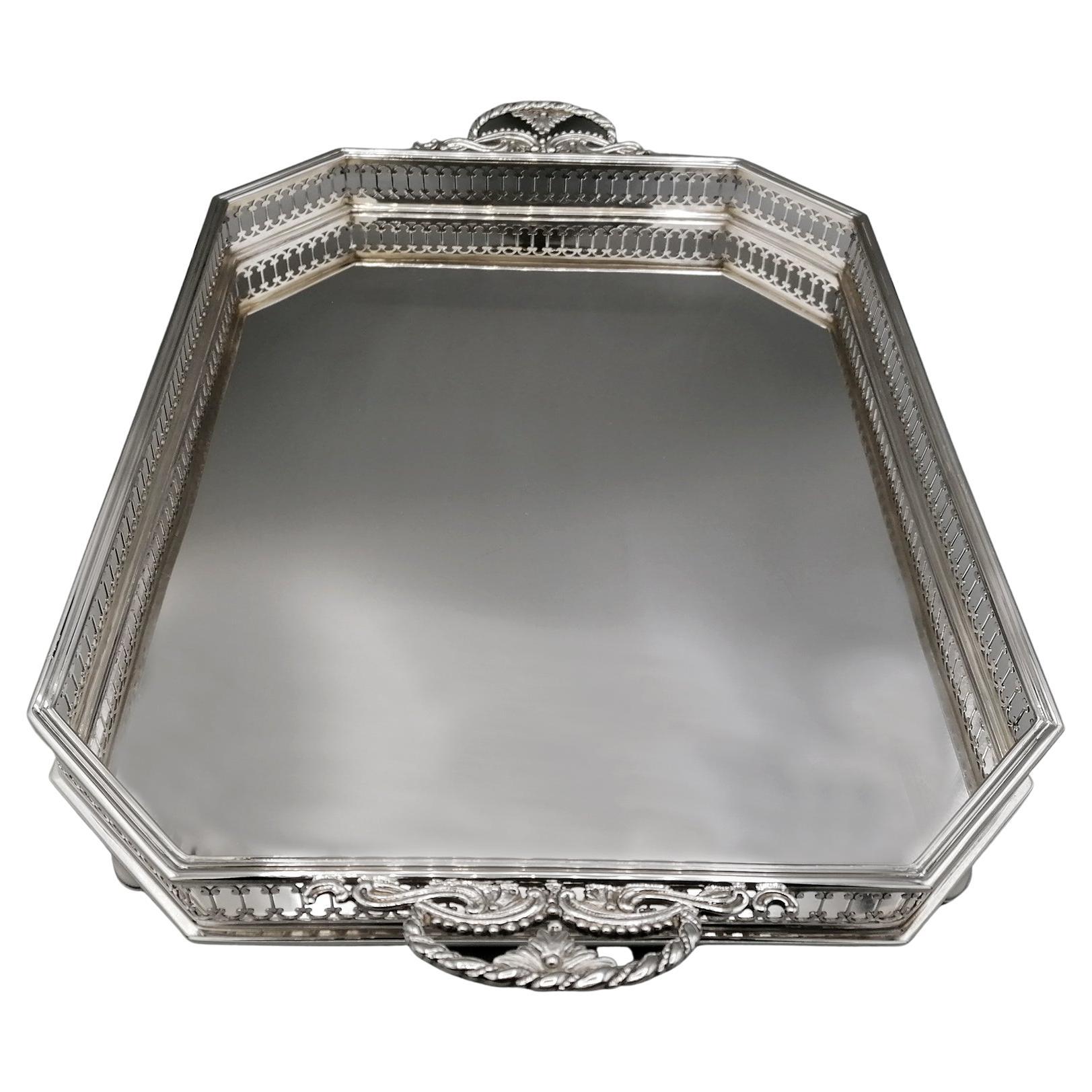 21th Century Italian Sterlig Silver Gallery Tray on Feet For Sale