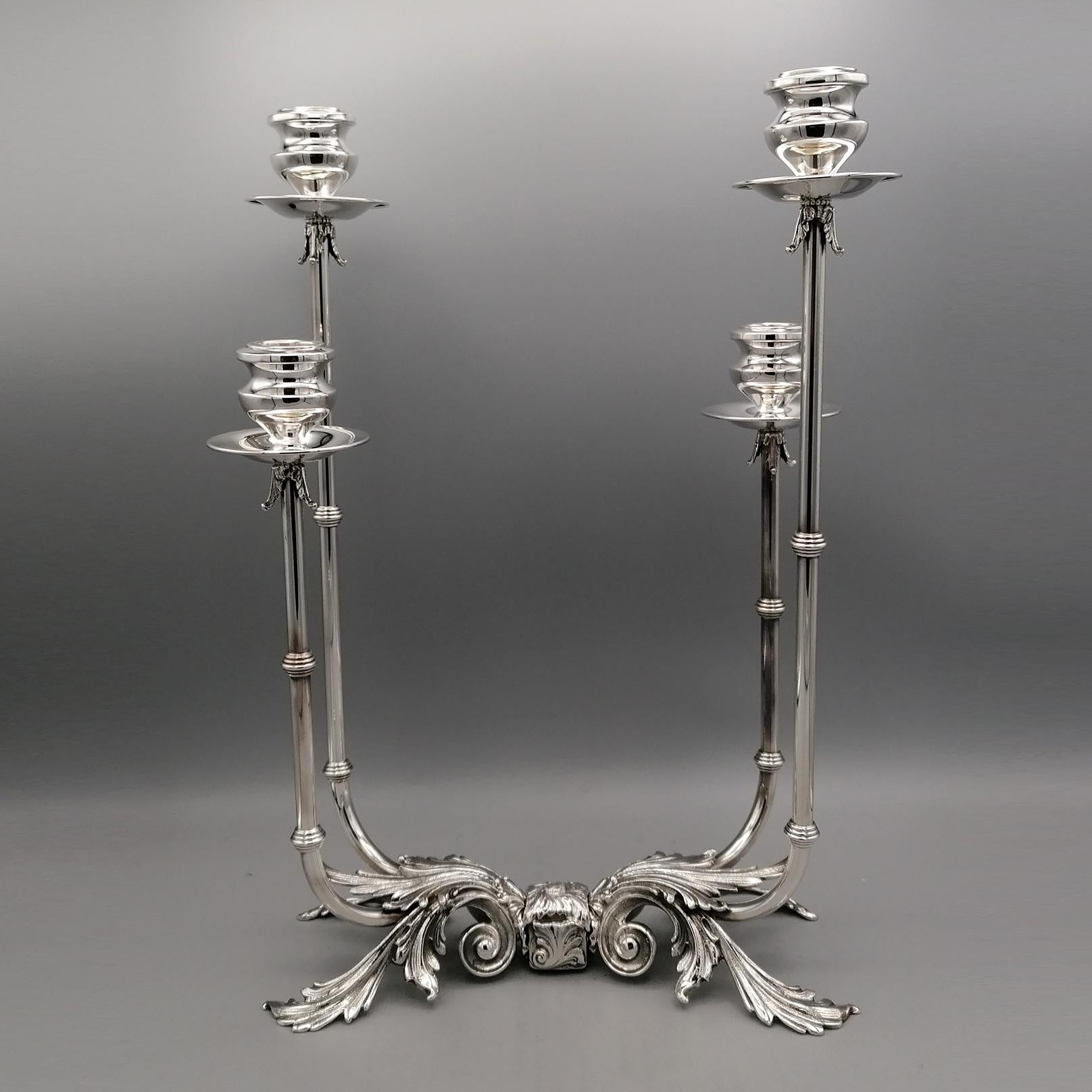 21th Century Italian Sterling Silver 4 Lights Candelabra
4 flame sterling silver candelabra.
The base was made with the ella fusion technique and modeled with acanthus leaves. Subsequently finished with chiselling.
The four candle holder stems,