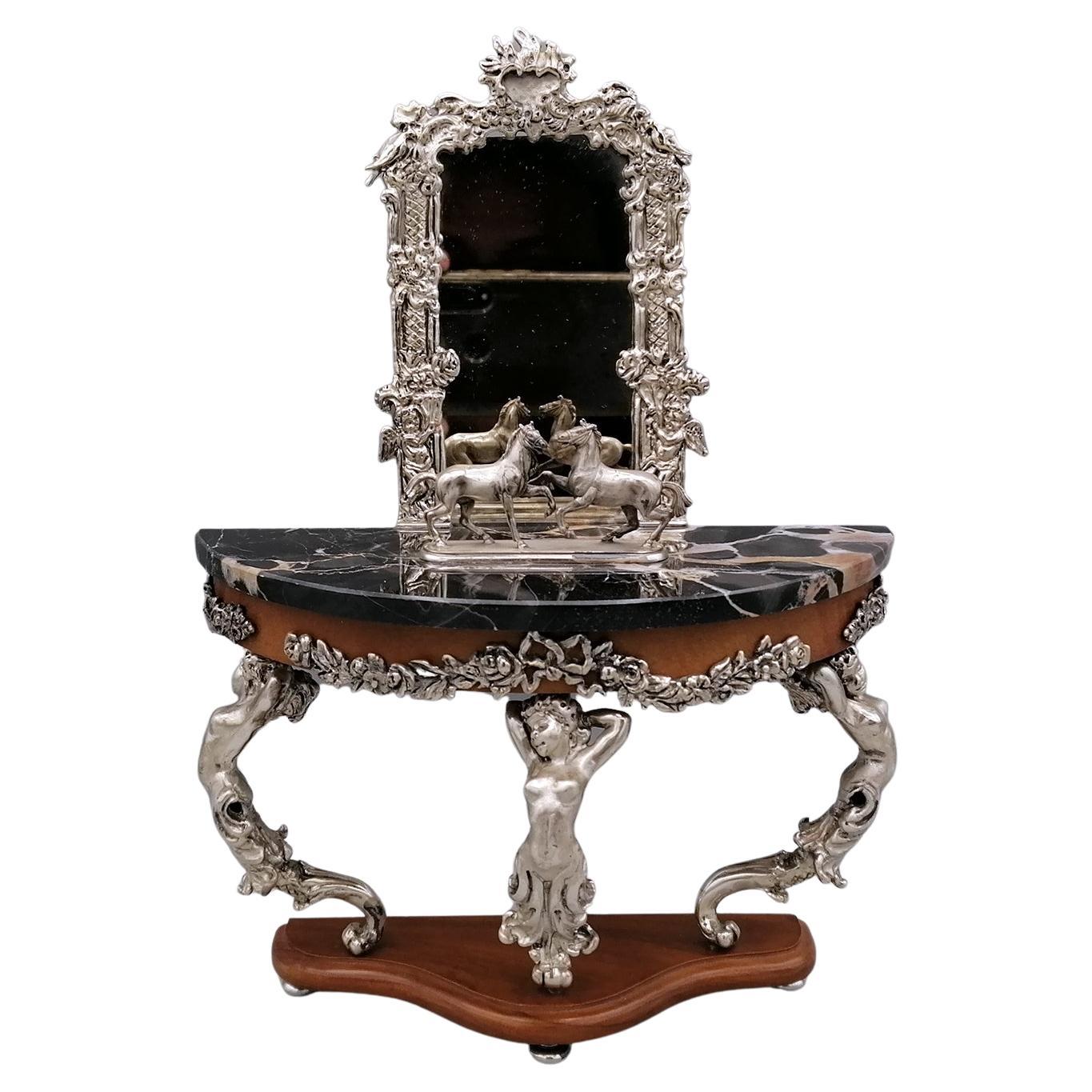 21th Century Italian Sterling Silver Console Miniature with Mirror