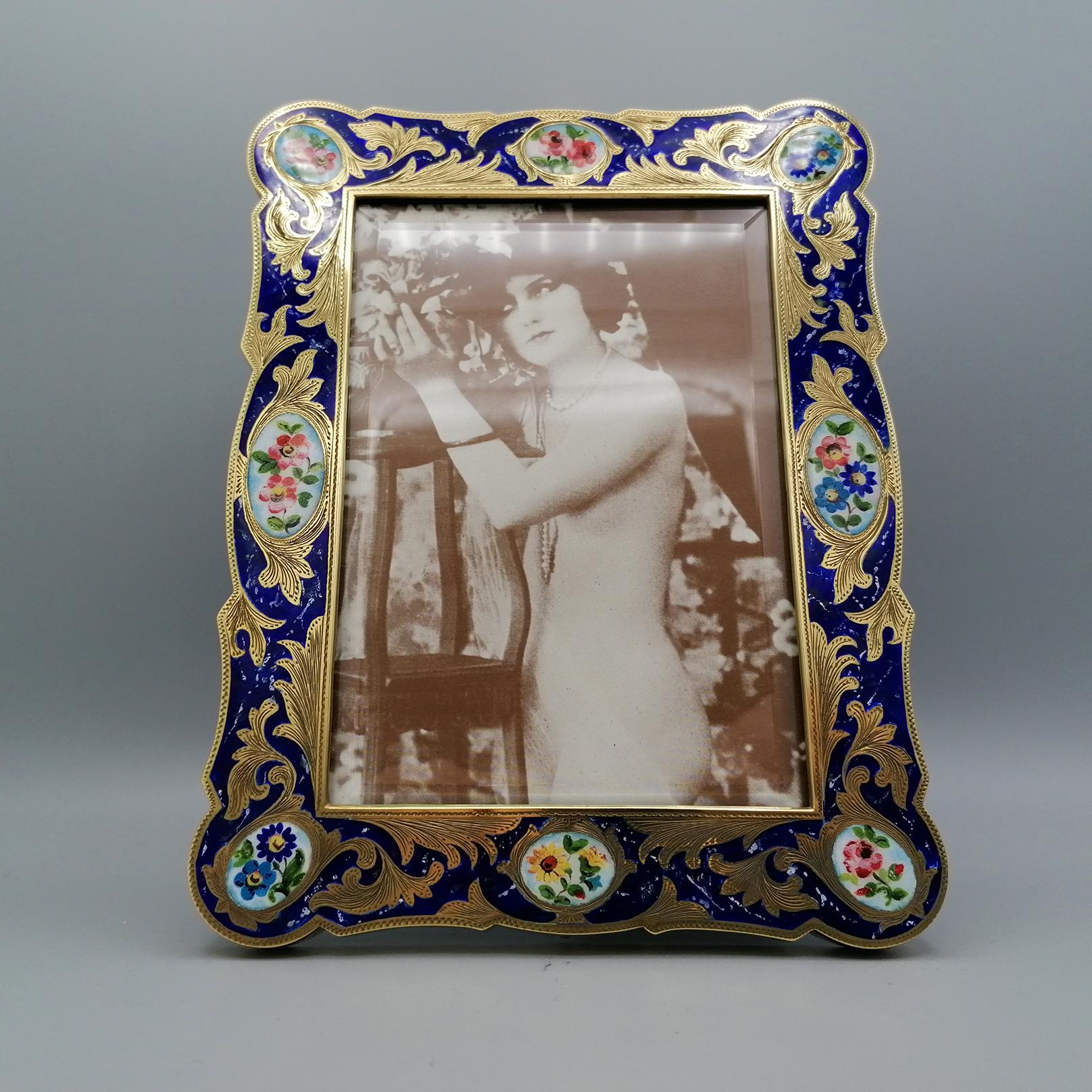 21th Century Italian Sterling Silver Gilded Enameled Frame In New Condition For Sale In VALENZA, IT