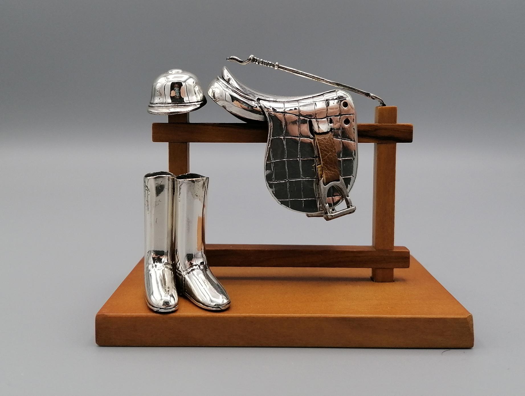 Cast 21st Century Italian Sterling Silver Miniature of Saddle, Boots, Hat and Whip For Sale