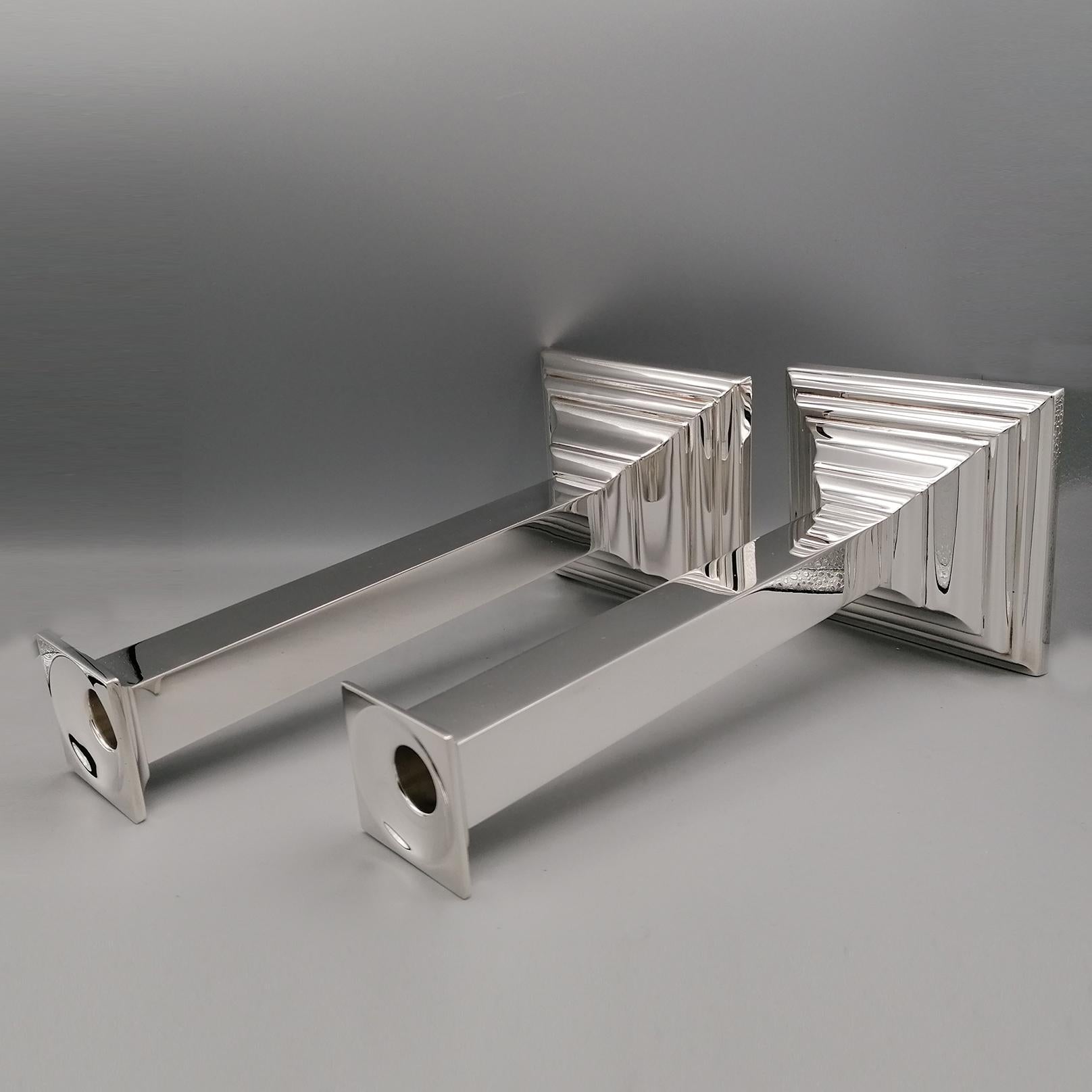 Siglo XXI Pareja de candelabros cuadrados modernos italianos de plata de ley en venta 8