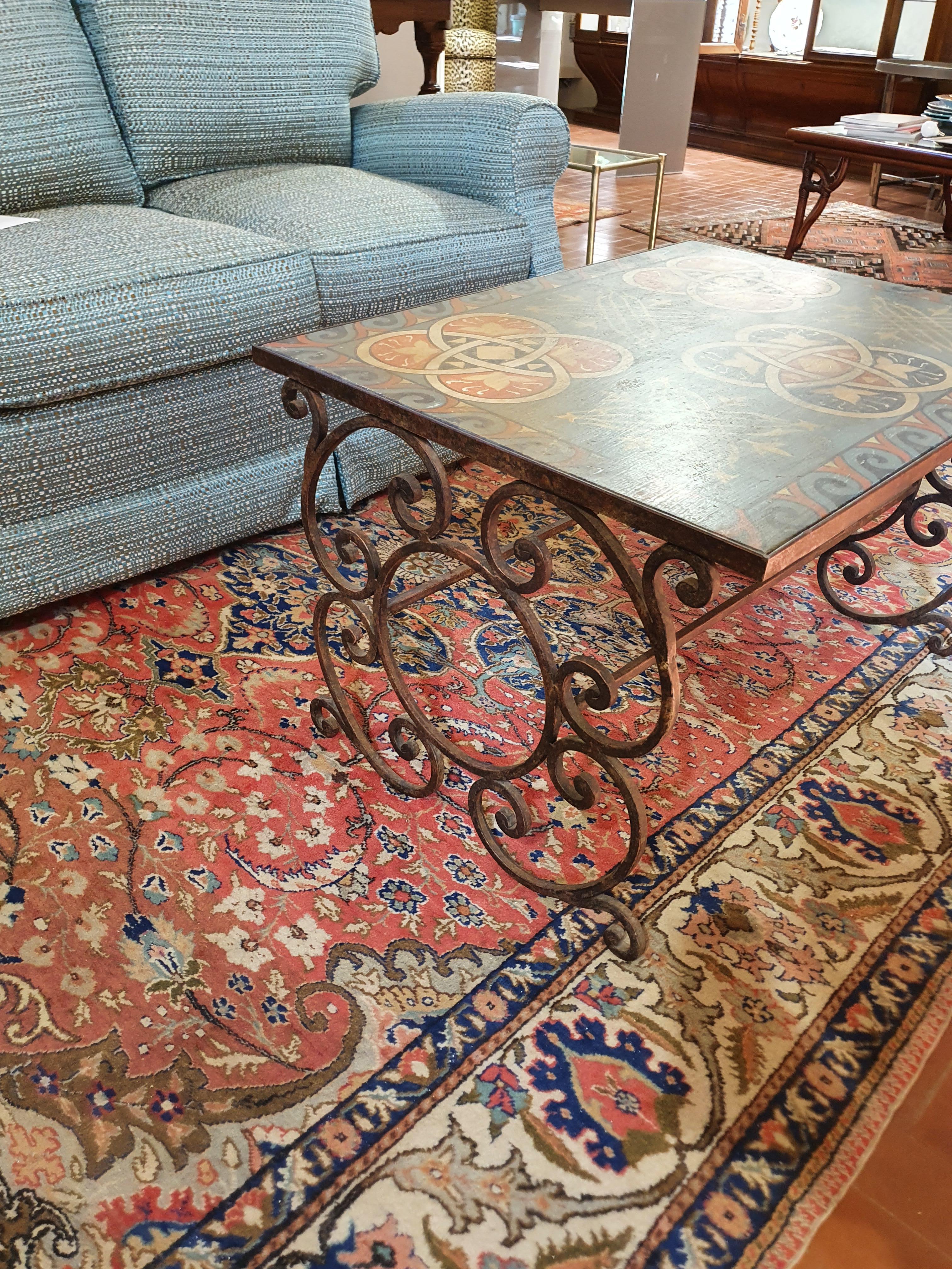 21st Century Italian Wrought Iron and Hand-Painted Wood Coffee Table, 2010 For Sale 1