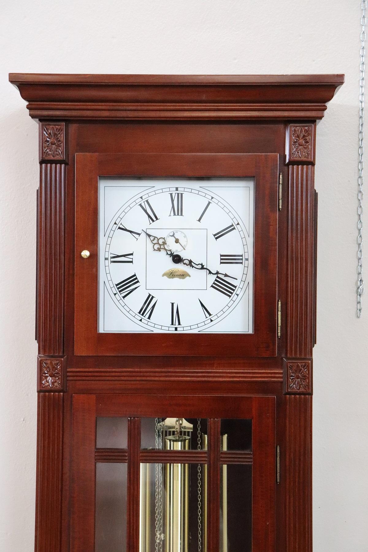 Rare and fine quality German tall case clock pendule. Made in solid walnut wood. Inside dial with finely brass. Perfect for a country house. The sound is of German production Kieninger, the sound is adjustable you can choose to turn it off at night