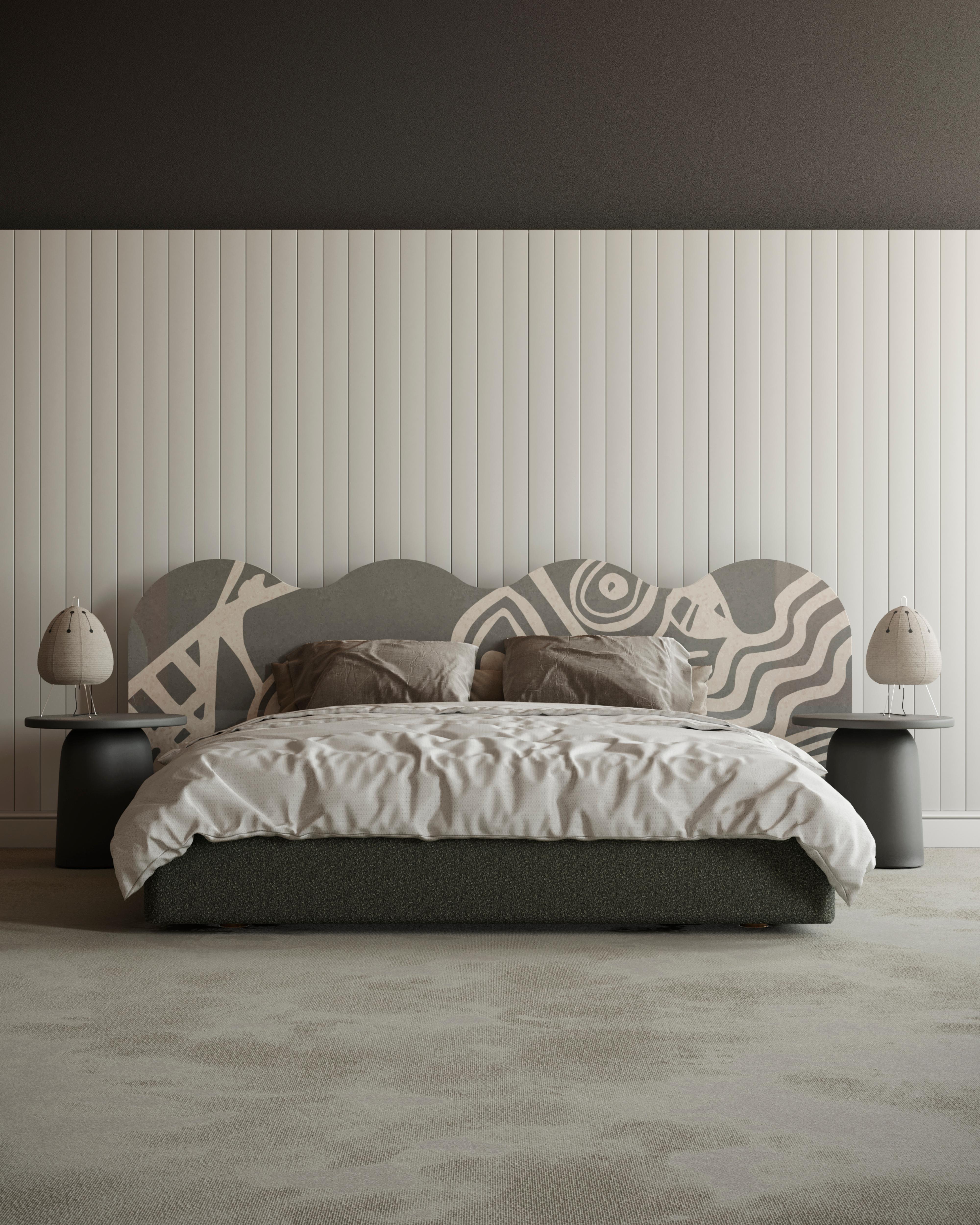 Portuguese 21th Century Mid-Century Modern Bed in Grey & White Wave Shape Wood Headboard For Sale