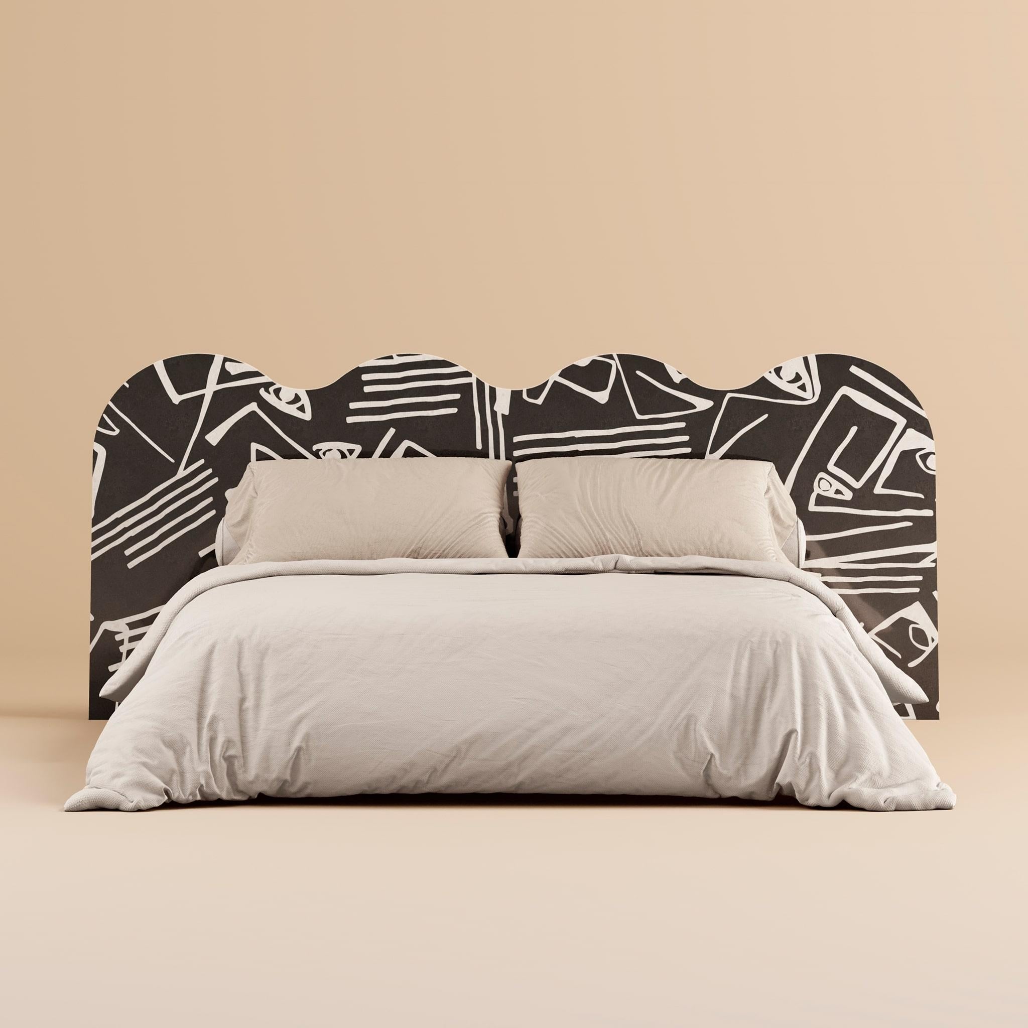 Portuguese 21th Century Mid-Century Modern Bed Wave Headboard Black & White Wood Marquetry For Sale