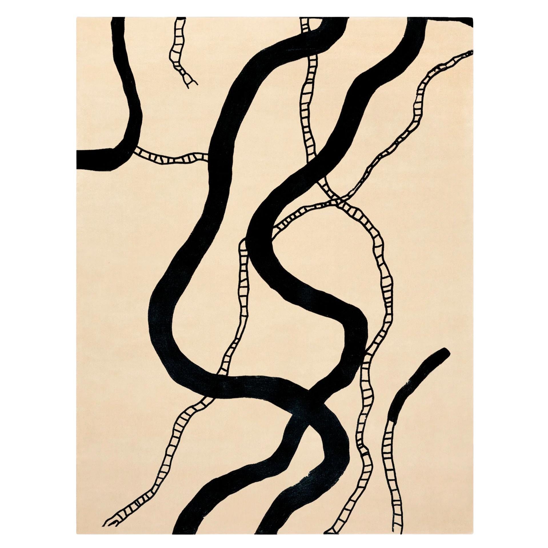 21th Century Minimal Sand Wool Rug Rectangular Modern Organic Black Lines