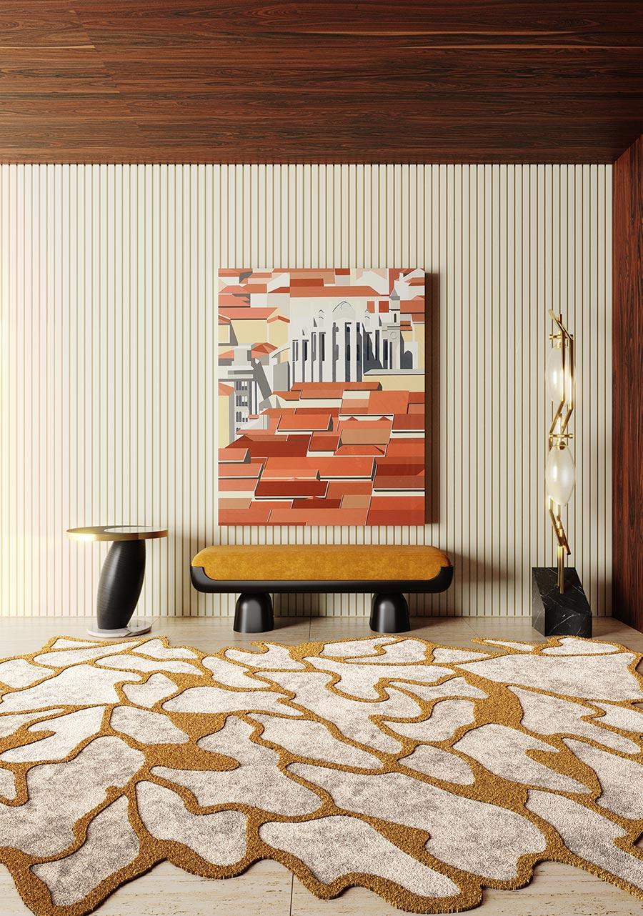 Moderner abstrakter Designteppich mit organischer Form in neutralen Farben Lyocell & Holz (Handgewebt) im Angebot