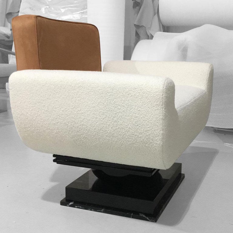 Portuguese 21st Century Modern Armchair Bouclé, Leather Upholstered & Nero Marquina Marble For Sale