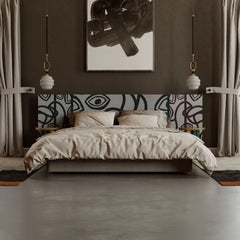 Modern Bed Queen Size Contemporary Headboard in Balck & White Wood Marquetry