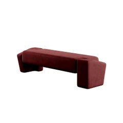 21th century Modern Bench Upholstered in Burgundy Dark Red Velvet Geometric Base