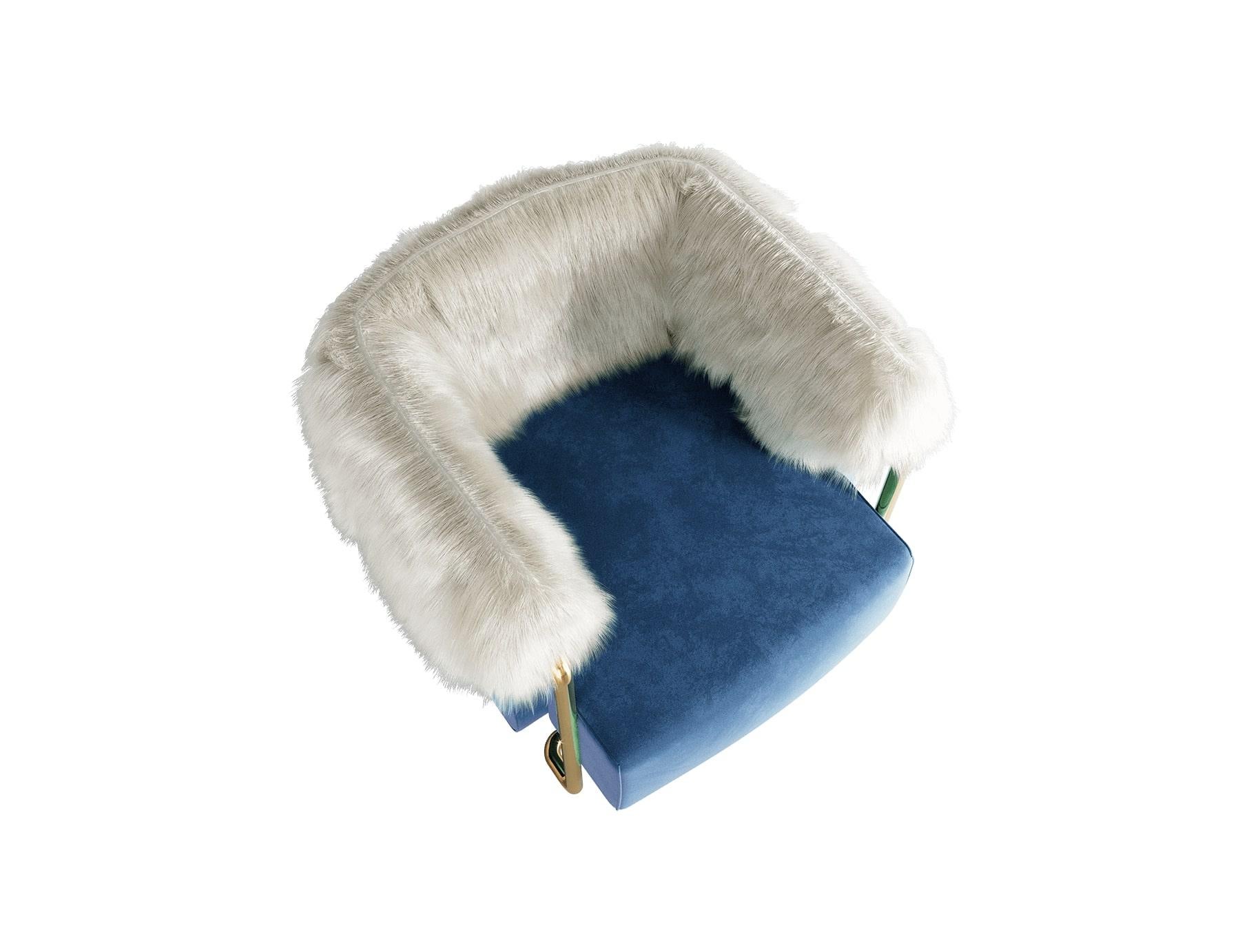 Contemporary 21st Century Modern Blue Velvet Armchair Back in Fur, Polished Brass Legs For Sale
