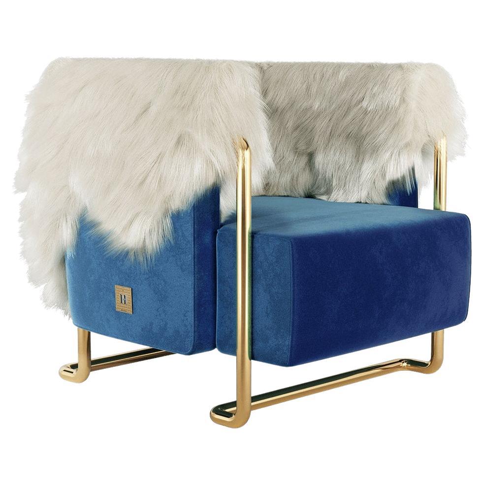 21th Century Modern Blue Velvet Armchair Back in Fur, Polished Brass Legs