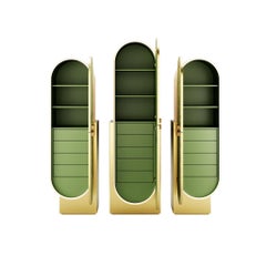 21st Century Modern Cabinet Set, Green Marble, White Bird Eye & Brass Base