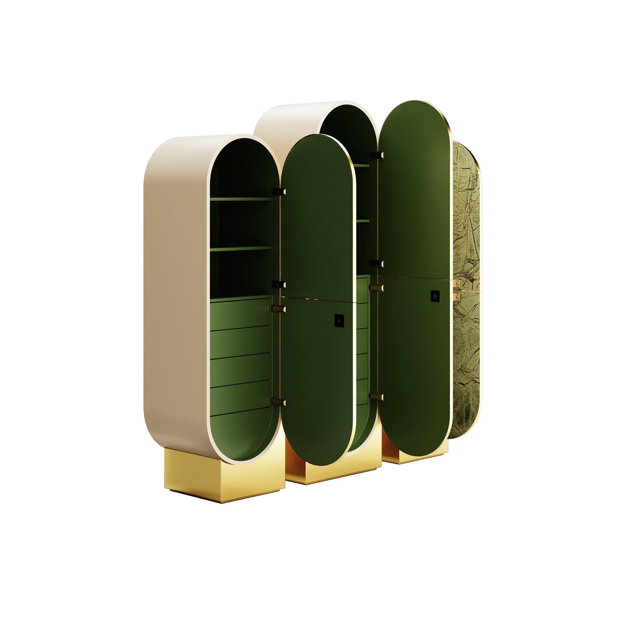 Portuguese 21st Century Modern Cabinet Set, Green Marble, White Bird Eye & Brass Base For Sale
