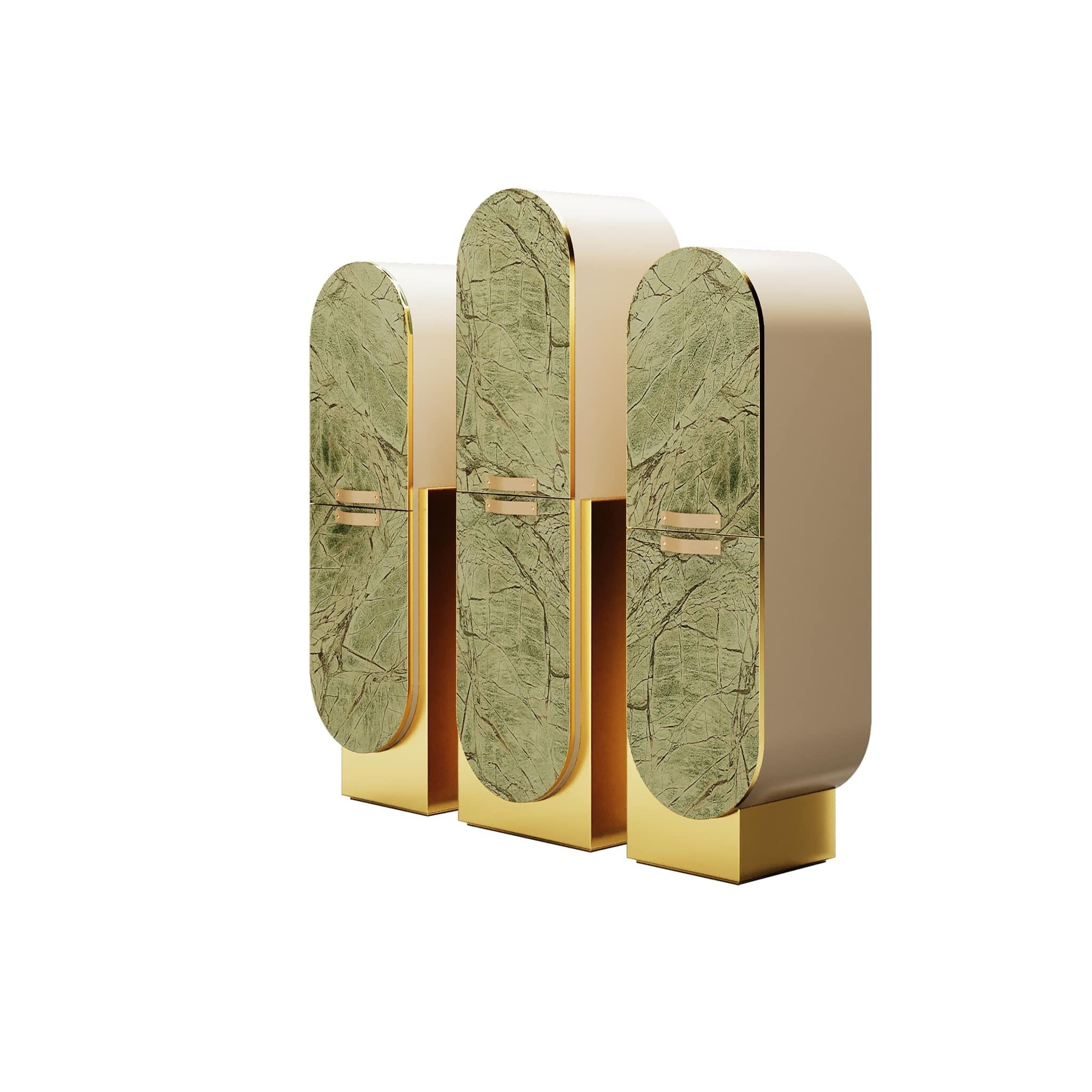 Polished 21st Century Modern Cabinet Set, Green Marble, White Bird Eye & Brass Base For Sale