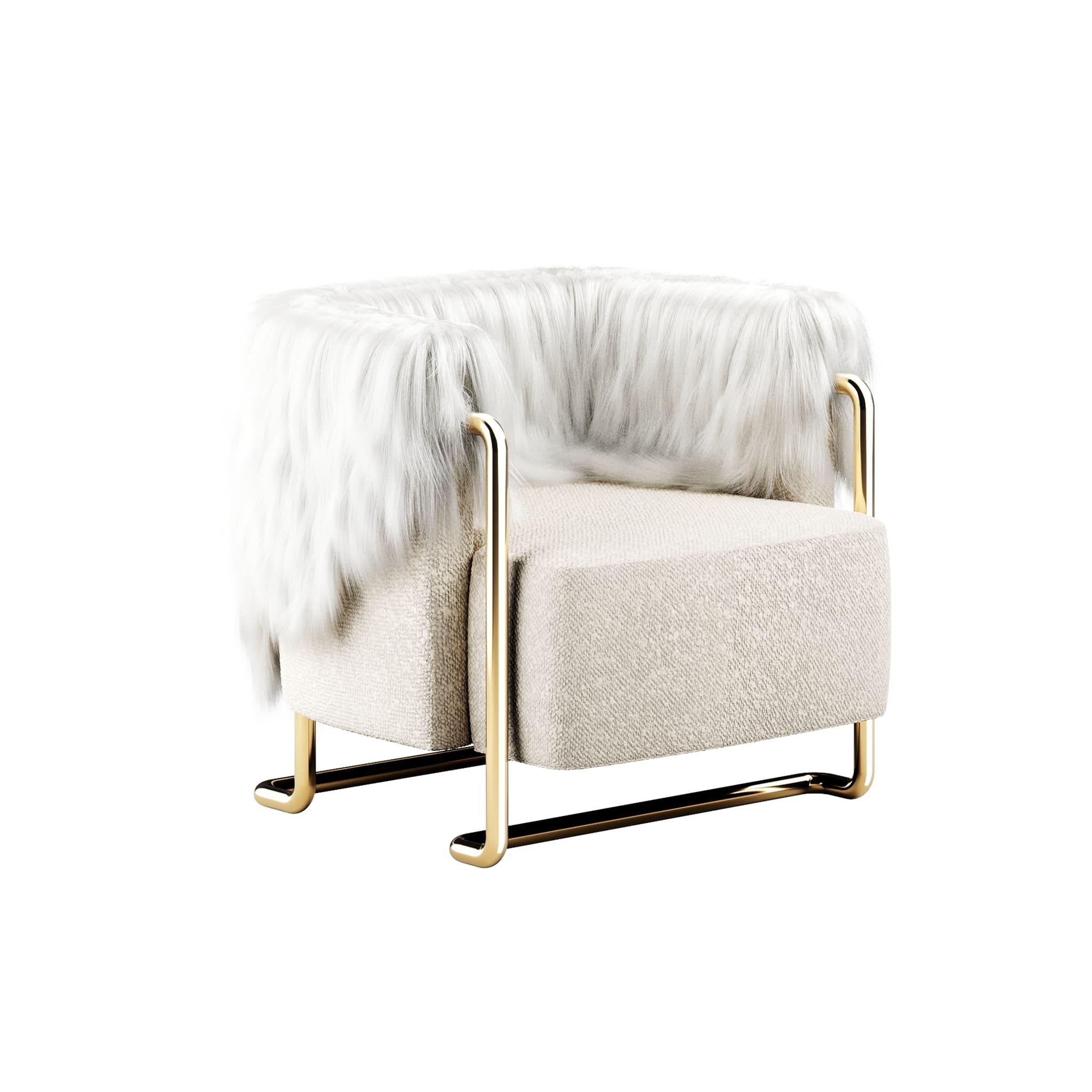 21th Century Modern Cream bouclé armchair back in fur, polished brass legs.

Max Armchair Cream is a modern mid-century style armchair. This modern armchair brings details from the old days to contemporary design. The armchair design shape and