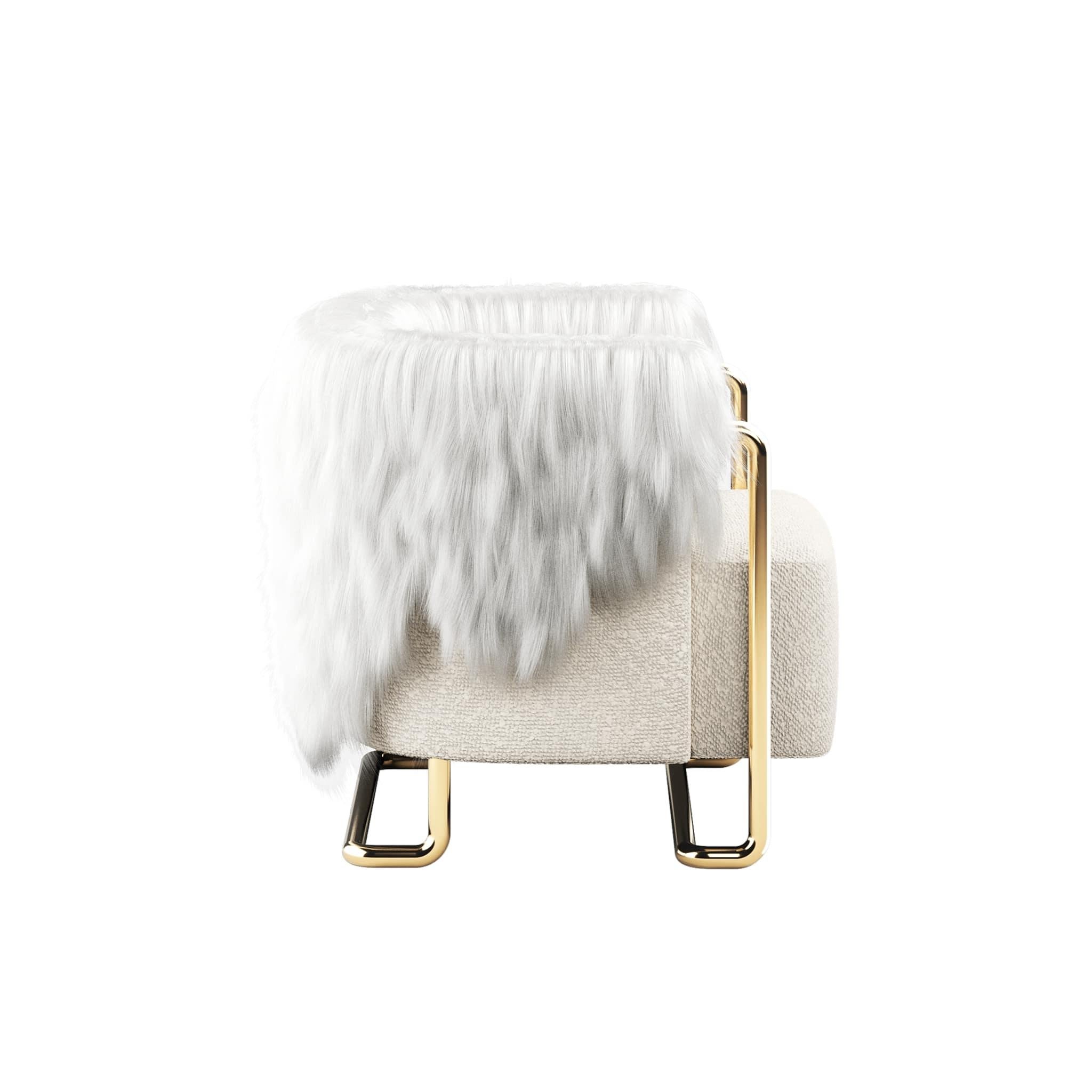 Portuguese 21st Century Modern Cream Bouclé Armchair Back in Fur, Polished Brass Legs For Sale