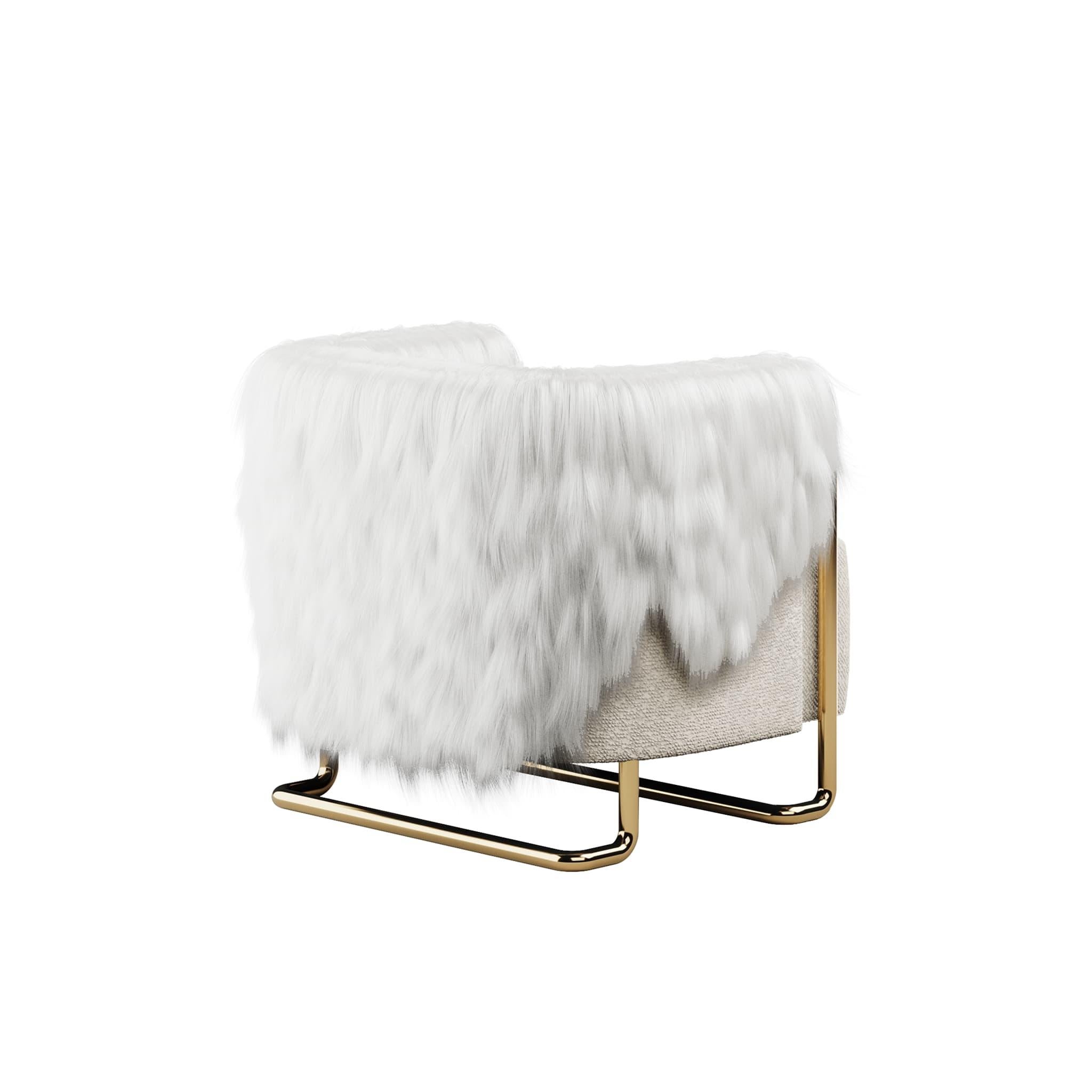 Contemporary 21st Century Modern Cream Bouclé Armchair Back in Fur, Polished Brass Legs For Sale