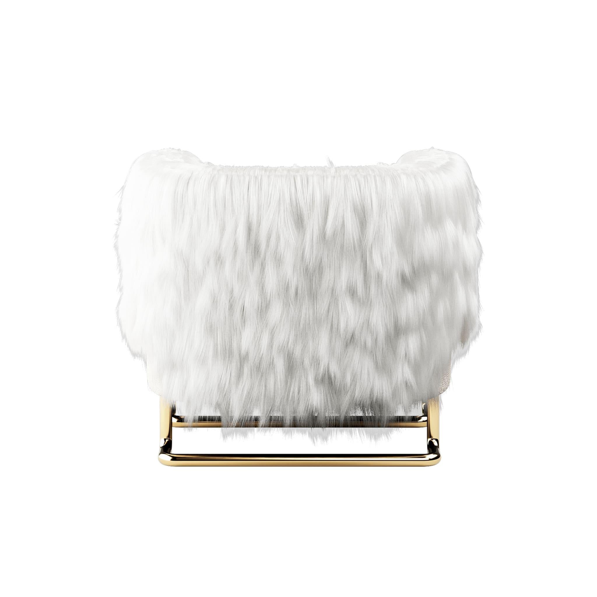 21st Century Modern Cream Bouclé Armchair Back in Fur, Polished Brass Legs For Sale 1