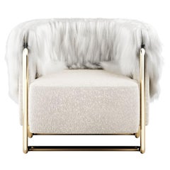 21st Century Modern Cream Bouclé Armchair Back in Fur, Polished Brass Legs