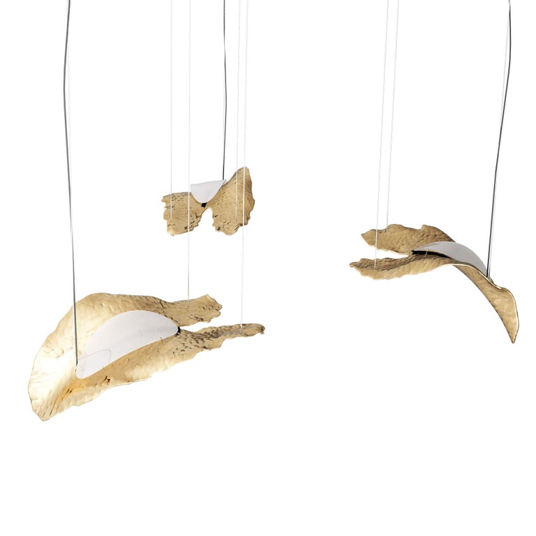 Hammered 21th Century Modern Nature Inspired Suspension Lamp, Gold Leafs Chandelier For Sale