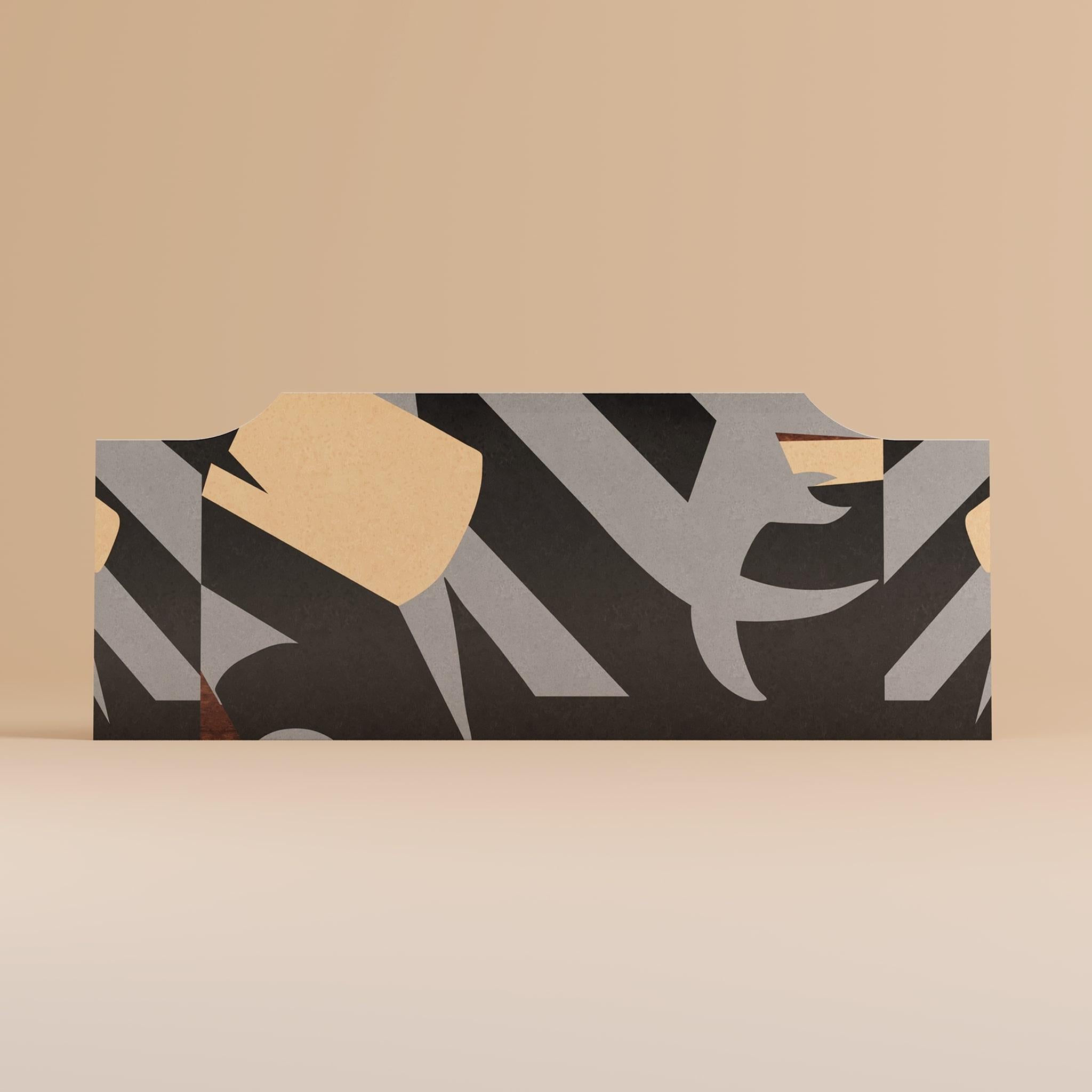 Hand-Crafted 21th Century Modern Queen Bed Grey Black Pattern Headboard Wood Marquetry For Sale