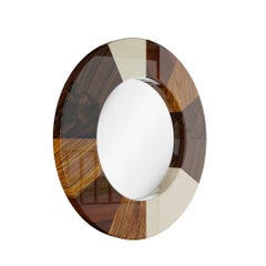 21th Century Modern Round Frame Mirror Marquetry Walnut, Cherry Wood, Lacquer