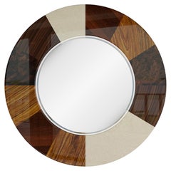 21th Century Modern Round Frame Mirror Marquetry Walnut, Cherry Wood, Lacquer