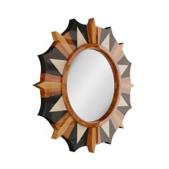 21th Century Modern Starburst Mirror Art-Deco Inspo Wood Frame Marquetry
