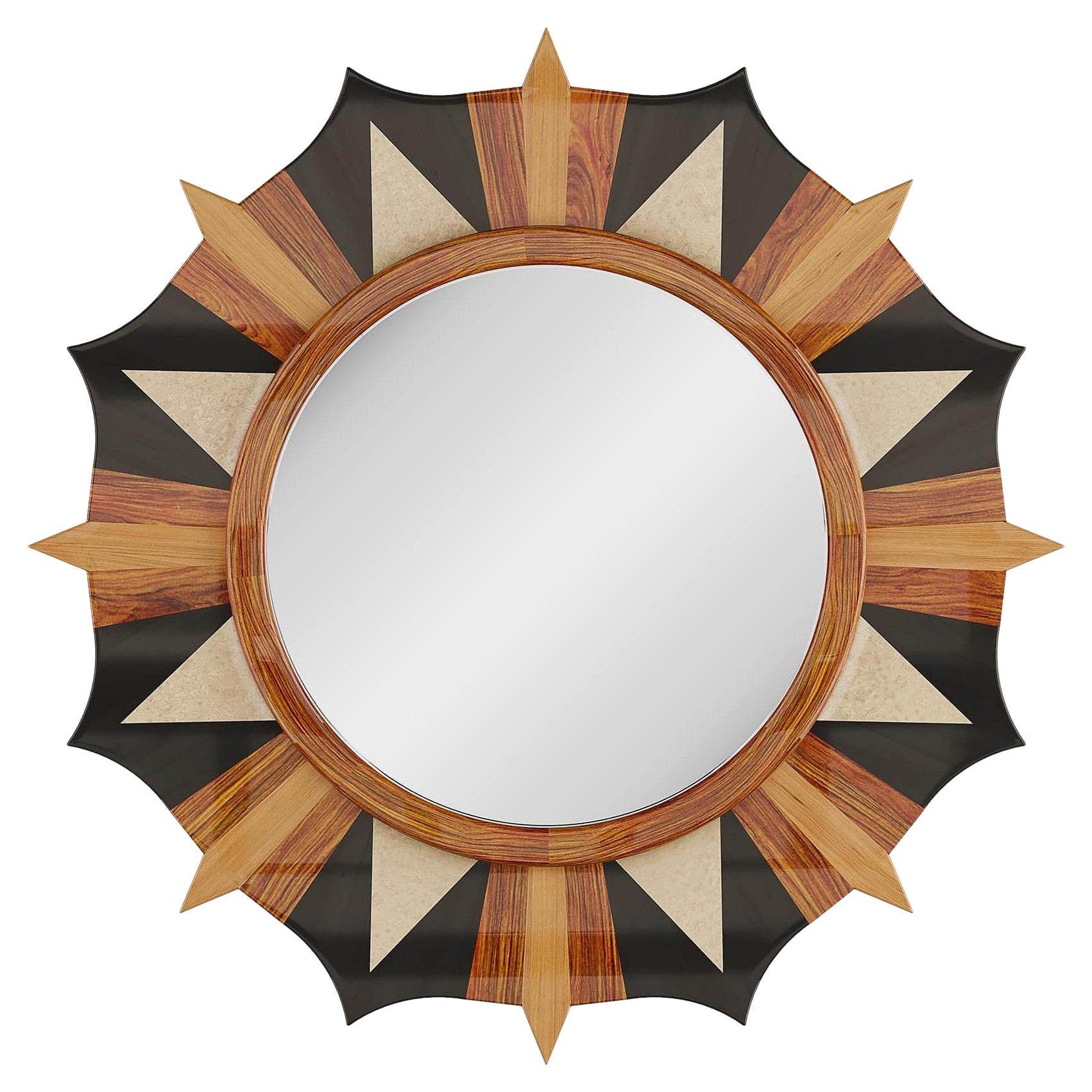 21th Century Modern Starburst Mirror Art-Deco Inspo Wood Frame Marquetry For Sale