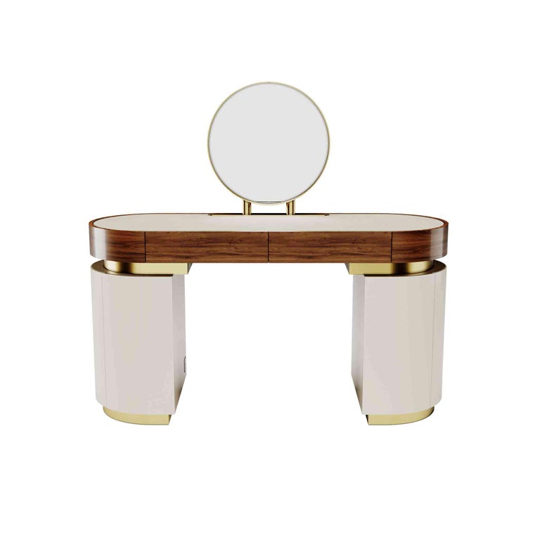Mid-Century Modern Art Deco Modern Vanity Dressing Table Round Mirror Leather & Walnut Wood  For Sale