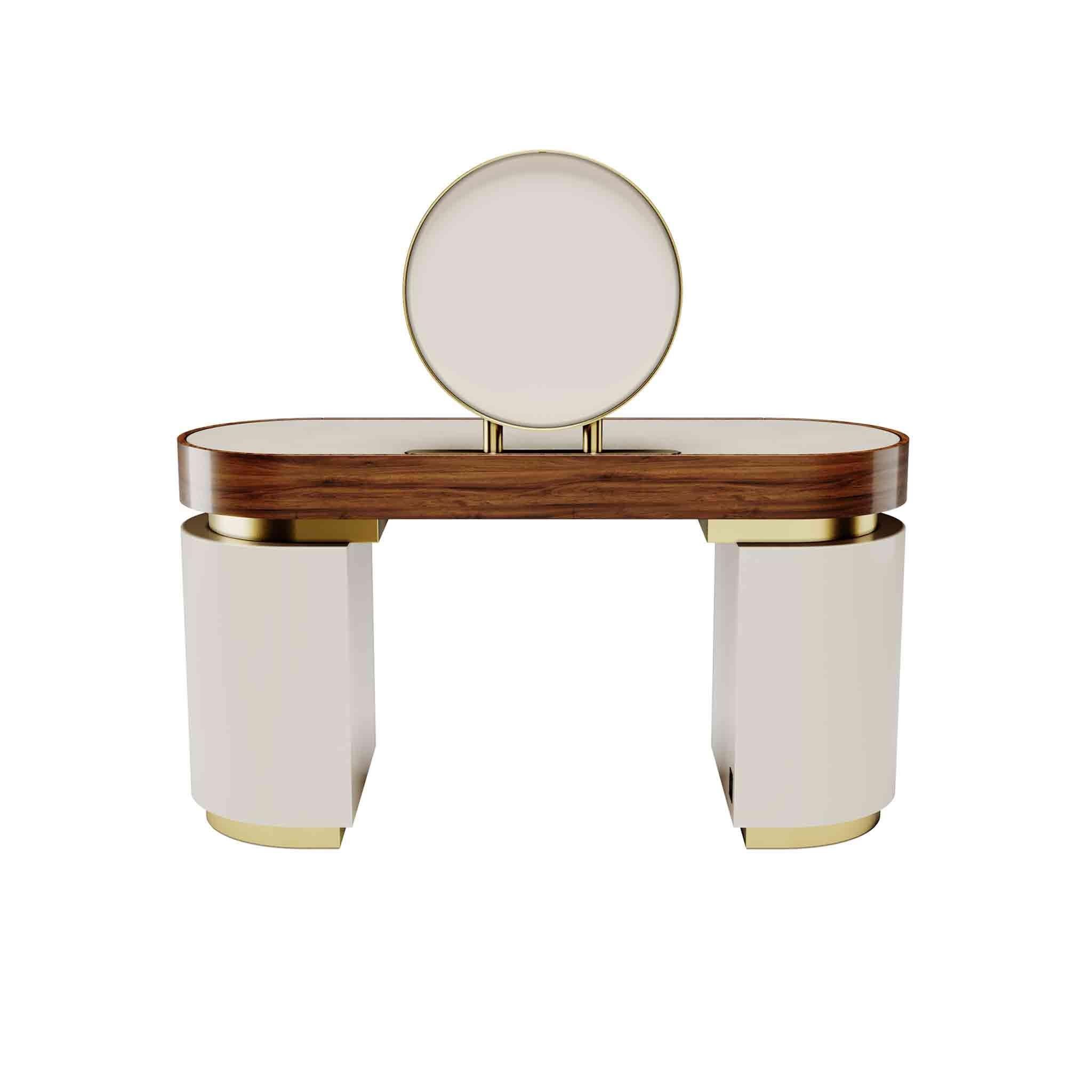 Portuguese Art Deco Modern Vanity Dressing Table Round Mirror Leather & Walnut Wood  For Sale
